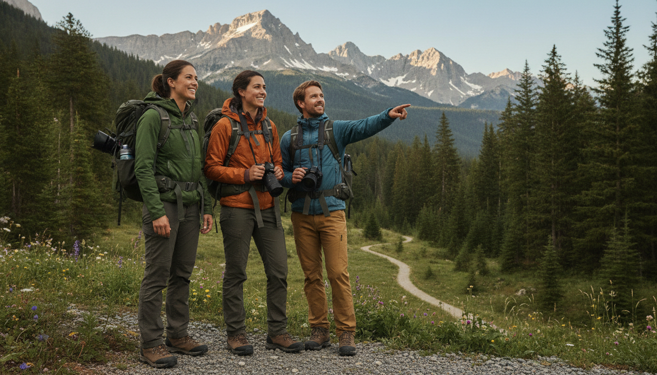 Redaktionsteam mit Outdoor-Ausrüstung in einer natürlichen Umgebung