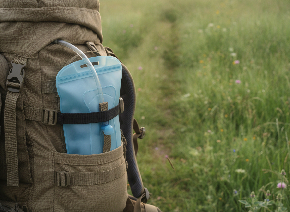 Detail eines Trinkrucksacks mit Trinkblase beim Wandern