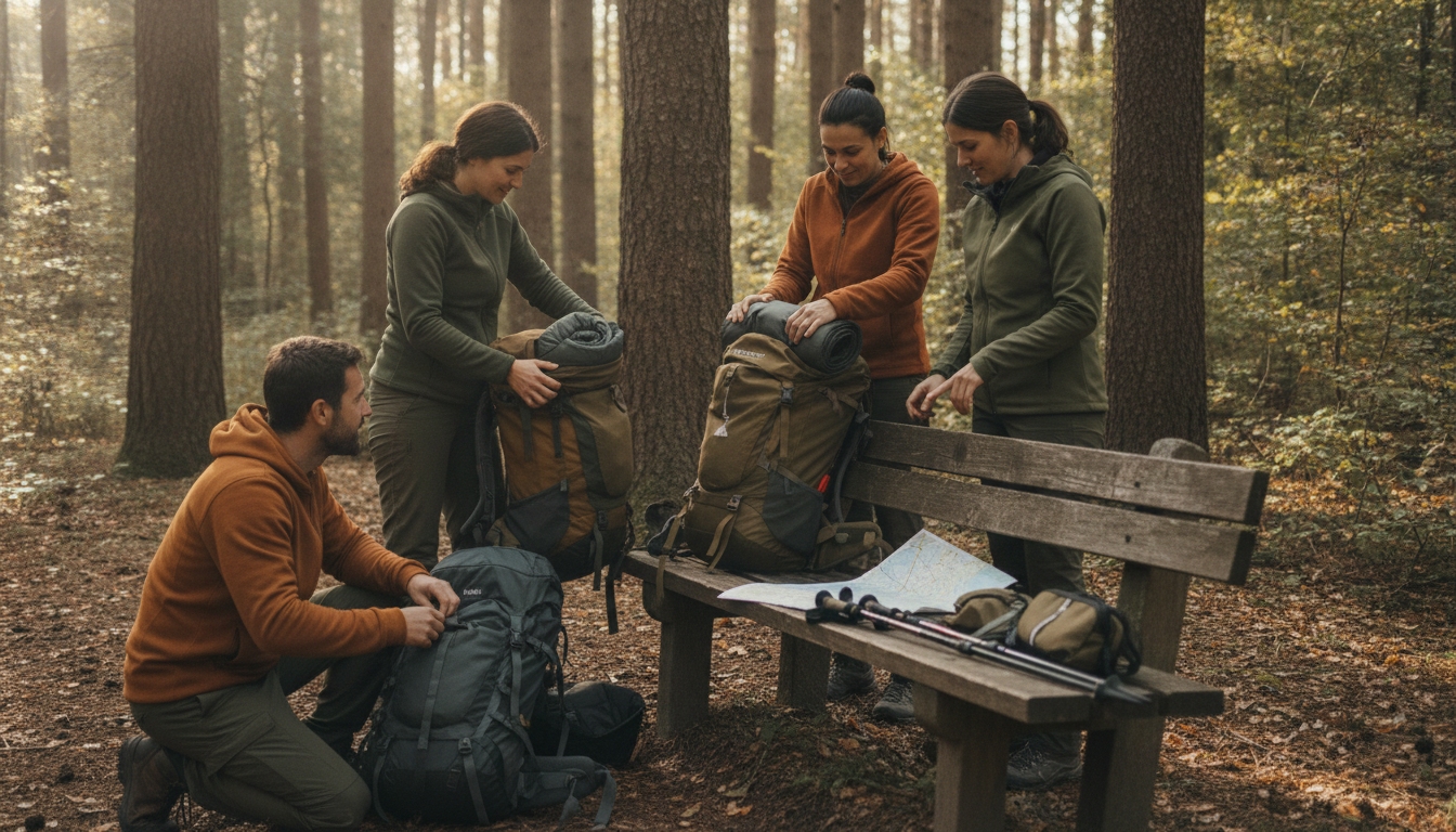 Outdoor-Team mit Ausrüstung in natürlicher Landschaft