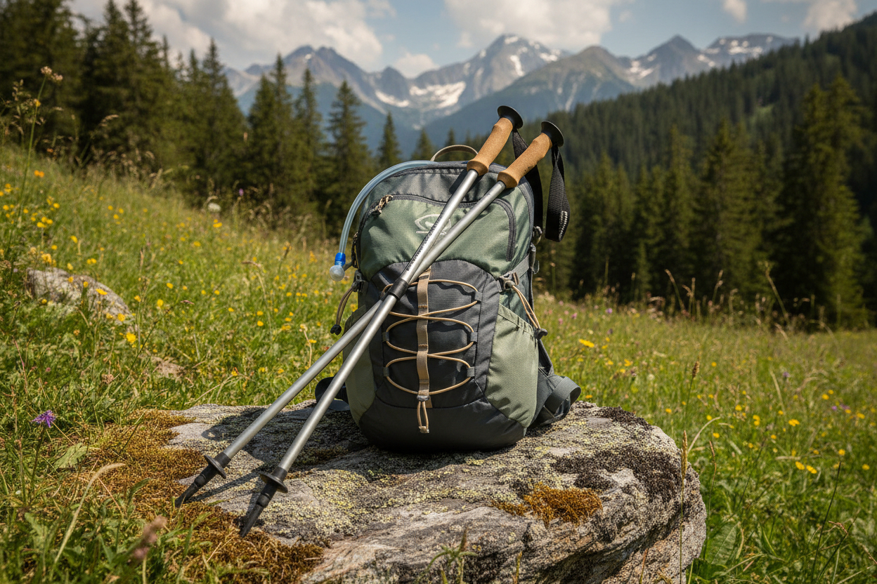 Wanderstöcke neben Trinkrucksack und Outdoor-Ausrüstung
